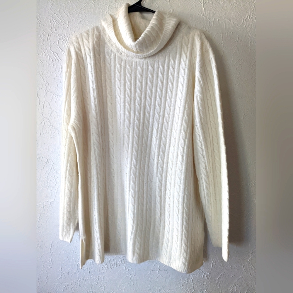 Susan Graver Classic Cabled Turtleneck Sweater in Cream Women's Size Large